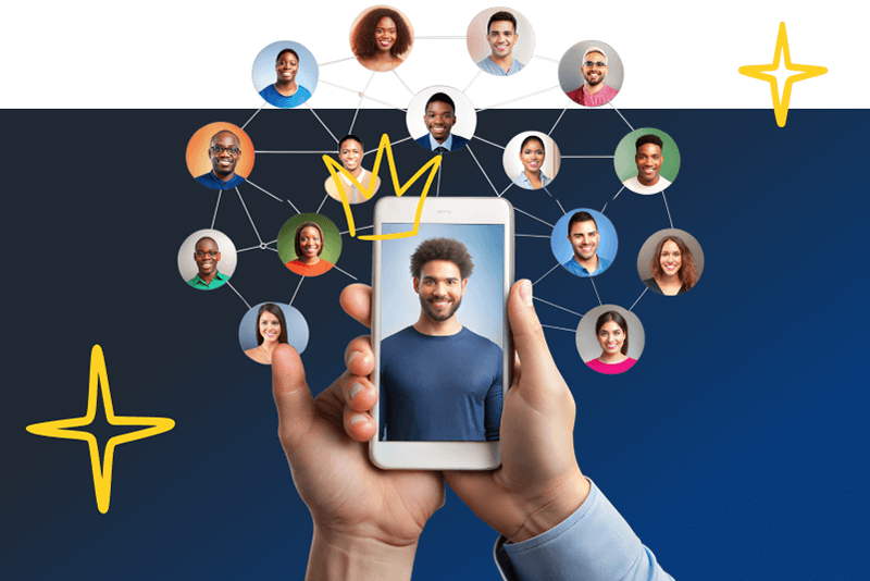 Images Of People Surrounding A Phone To Promote Social Media Engagement