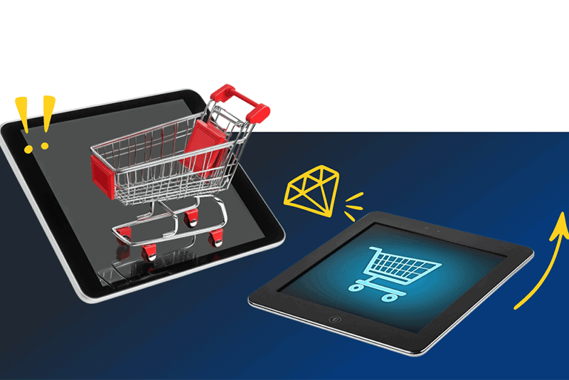 Two Tablets With Shopping Carts Coming Out Of Them