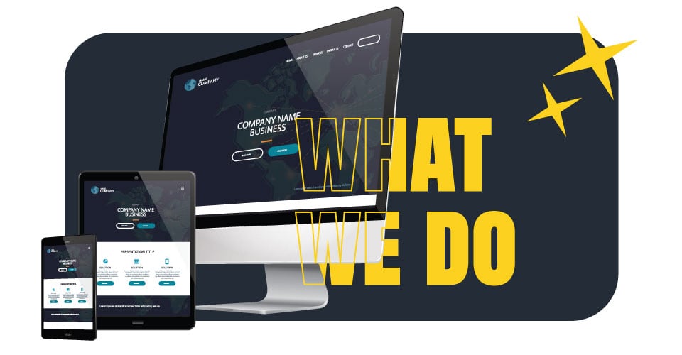 Responsive Web Design Mockup with overlay words that say 'What We Do'