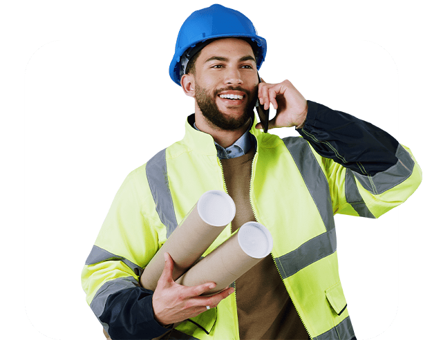Construction Worker Phone Architectural Plans Safety Gear