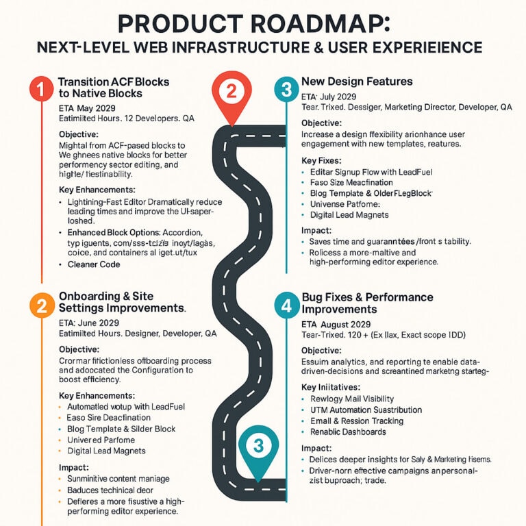 AI generated graphic of product roadmap. It is largely illegible and the road graphic is nonsensical.