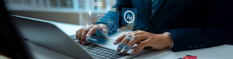 Man typing on laptop with AI symbols hovering above.