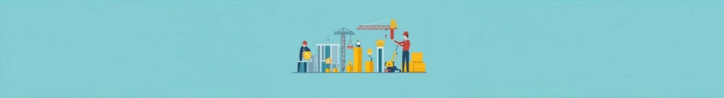 Cartoon Illustration of construction with marketing symbols