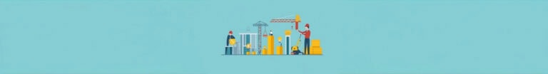 Cartoon Illustration of construction with marketing symbols