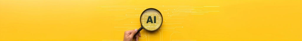Magnifying glass with AI text inside on yellow chip board background