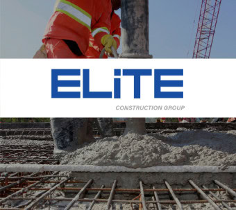 Elite Construction logo over picture of man pouring concrete.