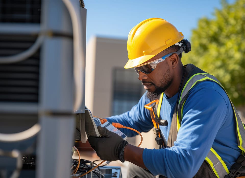 Commercial Hvac Technician Testing Rooftop Unit