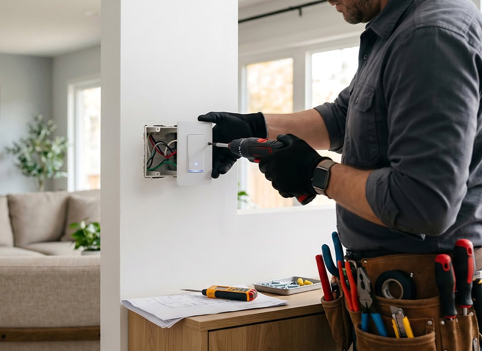 Residential Electrician Installing Smart Light Switch